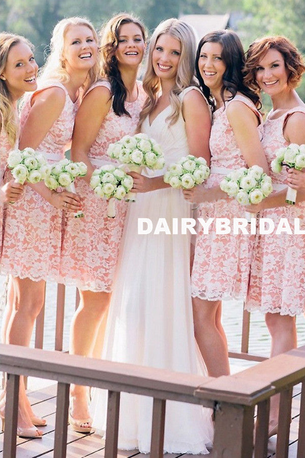 Short Lace Bridesmaid Dress, Simple Pink Knee-Length Bridesmaid Dress, D814