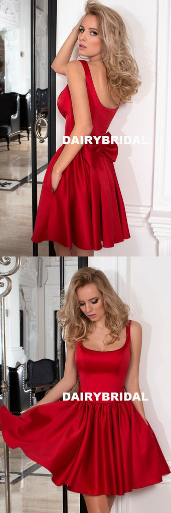 Red Satin A-Line Homecoming Dress, Backless Short Homecoming Dress, D824