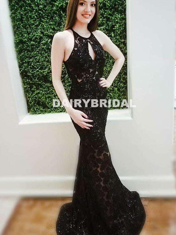 Sexy Black Lace Prom Dress, Beaded Open-Back Mermaid Prom Dress, D836