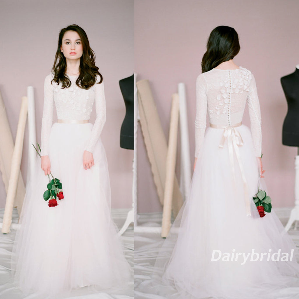 Long Sleeve Wedding Dress, Tulle Wedding Dress, Lace Wedding Dress, Charming Bridal Dress, Applique Wedding Dress, DA867