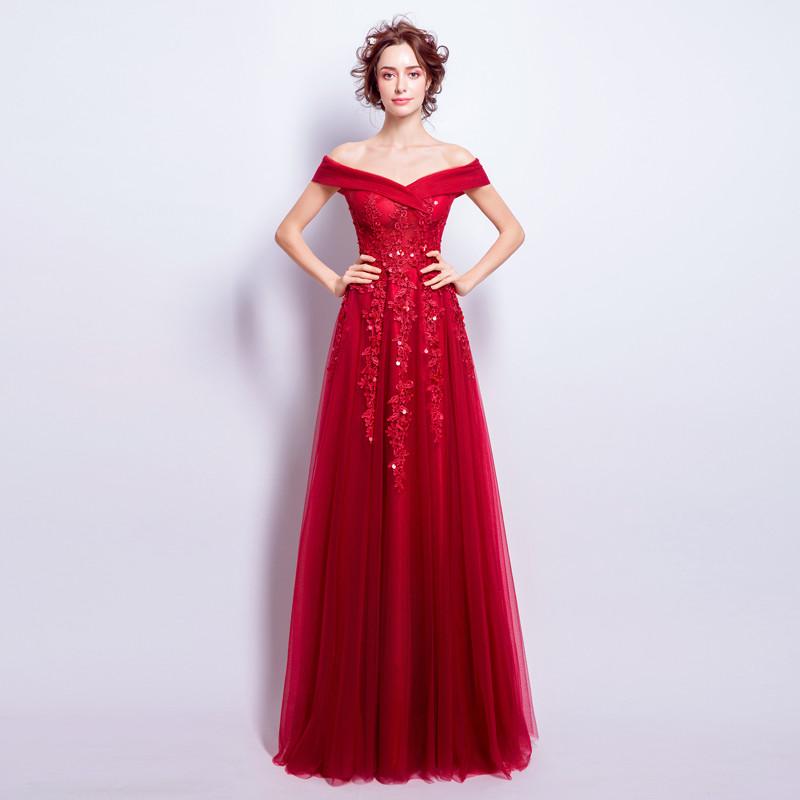 Off the Shoulder Sequin Applique Charming Prom Dresses, Red Beaded A-Line Prom Dresses, 220010