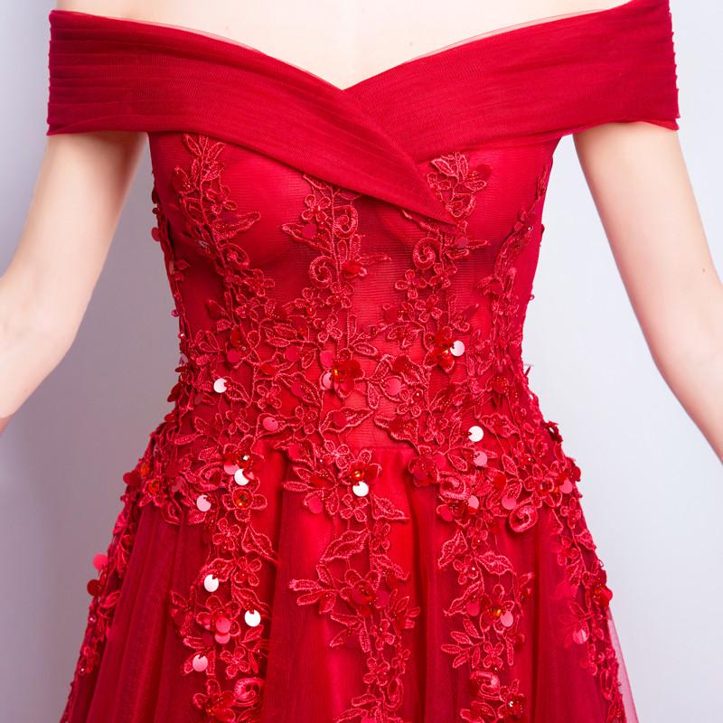 Off the Shoulder Sequin Applique Charming Prom Dresses, Red Beaded A-Line Prom Dresses, 220010