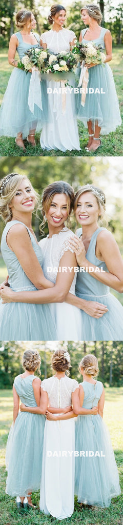 Unique High-Low Tulle A-Line Sleeveless Zip Up Bridesmaid Dresses, D945