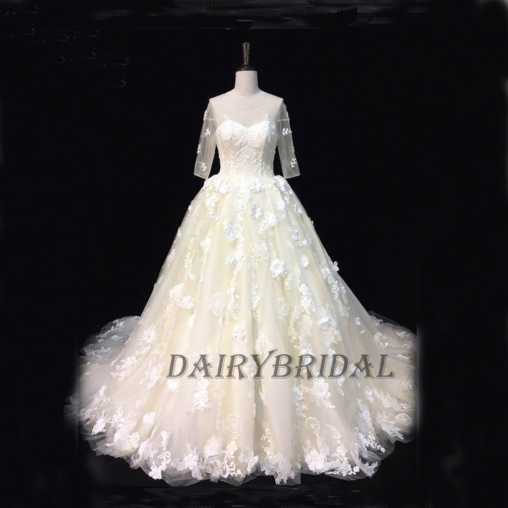 Tulle Wedding Dress, Applique Wedding Dress, Vintage Bridal Dress, Half Sleeve Wedding Dress, Open-Back Wedding Dress, DA992