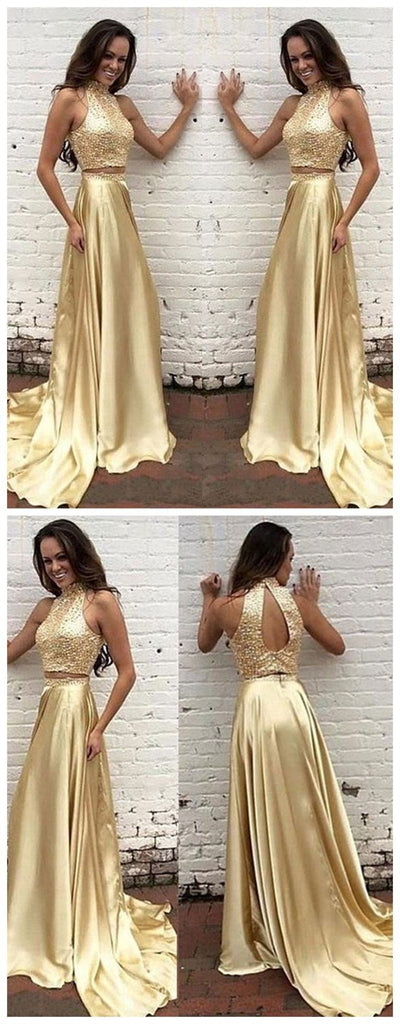 Two Pieces High neck Gold New Arrival Prom Dress, PD0062