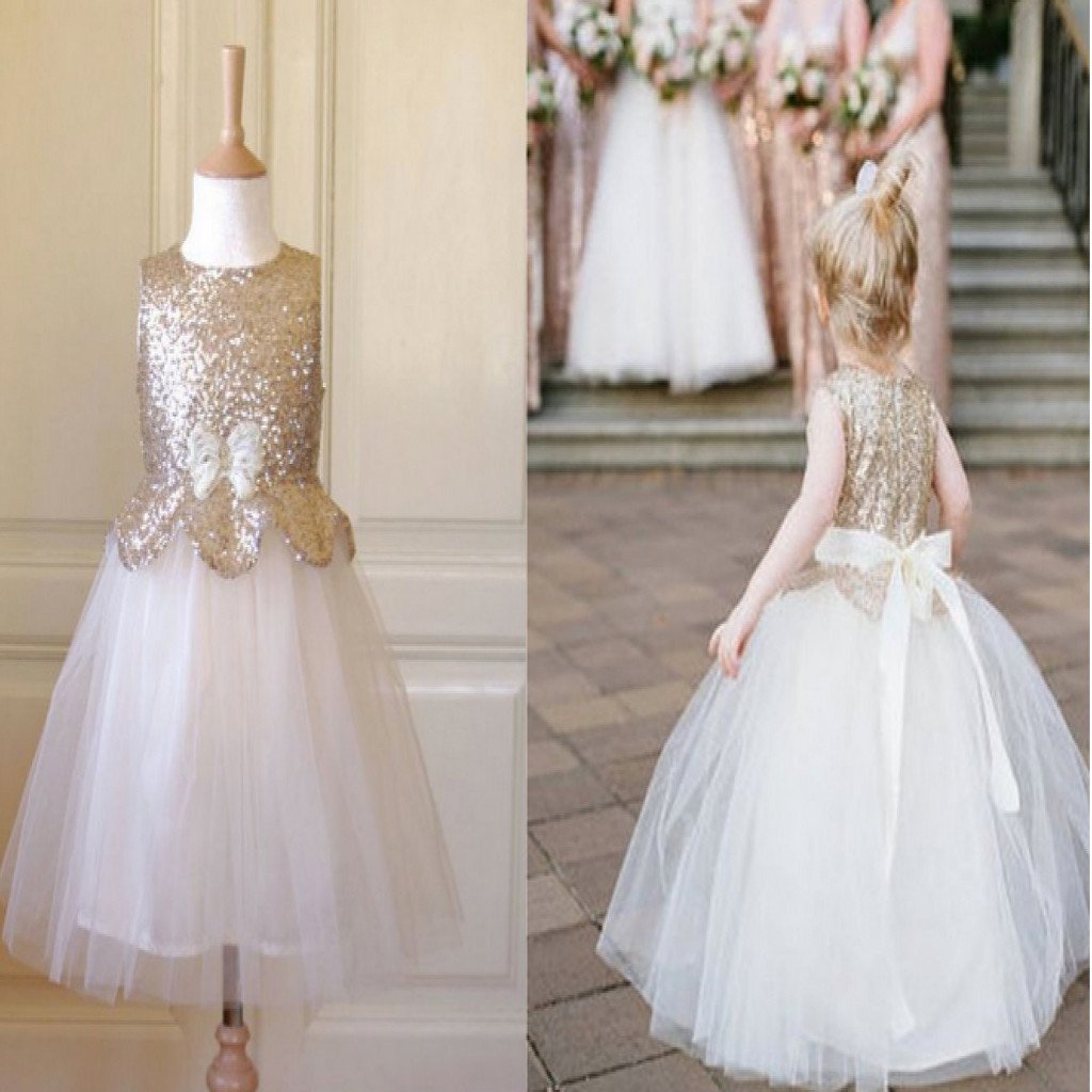 Sleeveless Gold Sequin Top Tulle Pretty Flower Girl Dresses With Bow, FG004