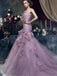 Gorgeous Strapless Mermaid Light Purple Tulle Appliques Wedding Dresses, WD0176