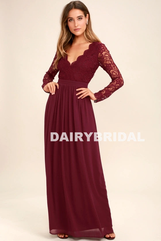 Inexpensive Long Sleeve Burgundy V-Neck Lace Opren-Back Bridesmaid Dresses, D1082