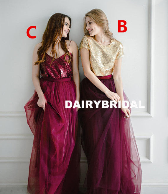 Newest Sequin Top A-Line Two Pieces Tulle Mismatched Bridesmaid Dresses, D1181