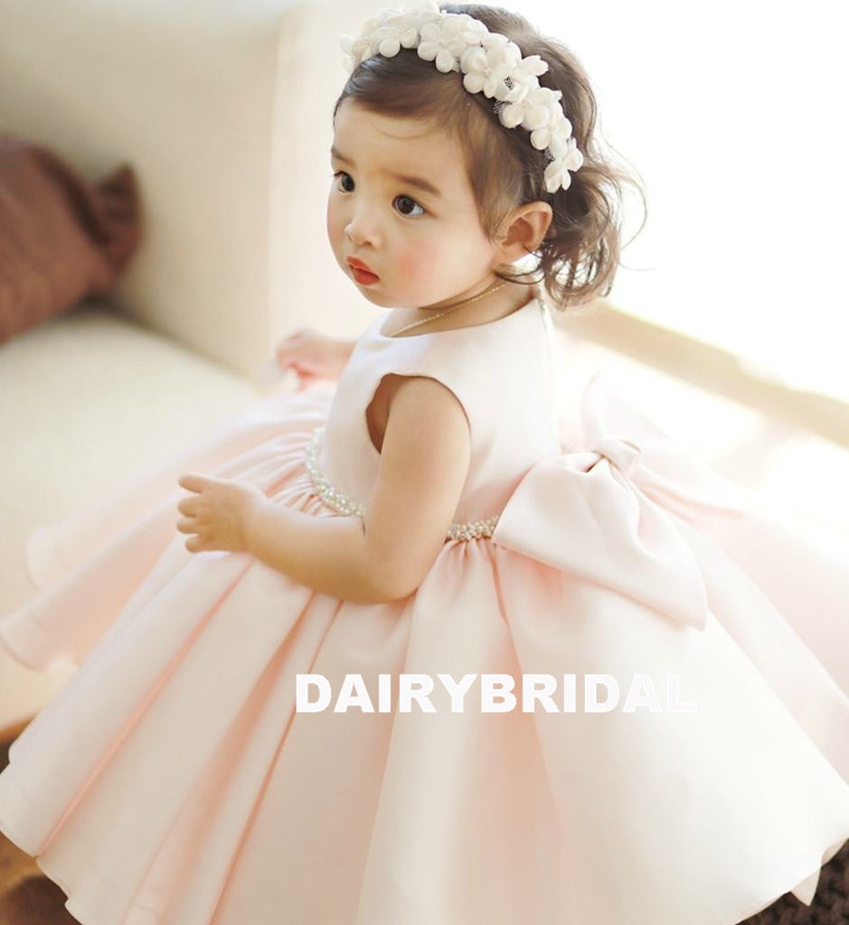 Pink Satin Flower Girl Dresses, A-Line Beaded Popular Little Girl Dresses, D1178