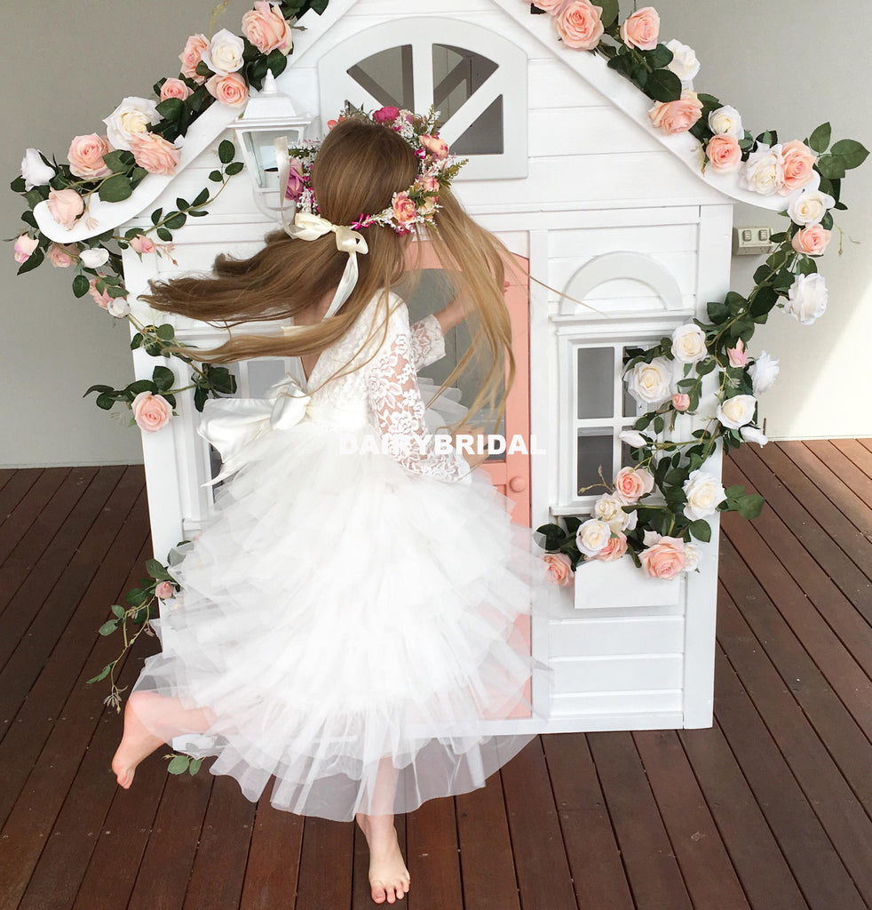 White Long Sleeve Lace Flower Girl Dresses, Tulle Backless Popular Little Girl Dresses, D1202