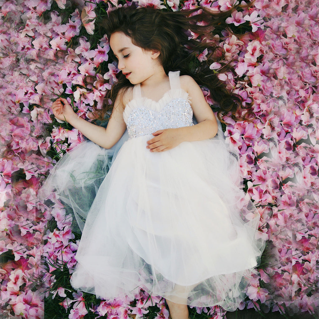 White Tulle Backless Flower Girl Dresses, Sequin Lovely Little Girl Dresses, D1237
