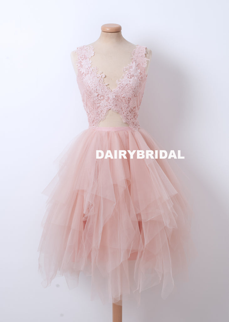 New Lace Top BacklessHomecoming Dress, Pink Tulle A-line Homecoming Dress, D1314