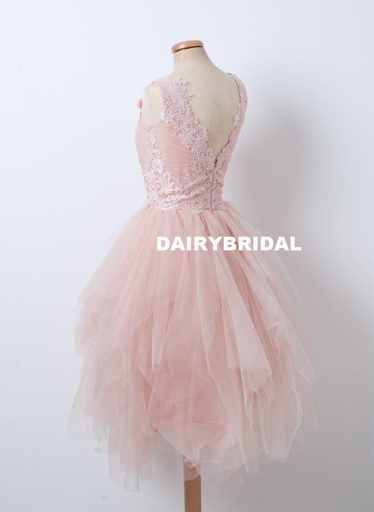 New Lace Top BacklessHomecoming Dress, Pink Tulle A-line Homecoming Dress, D1314