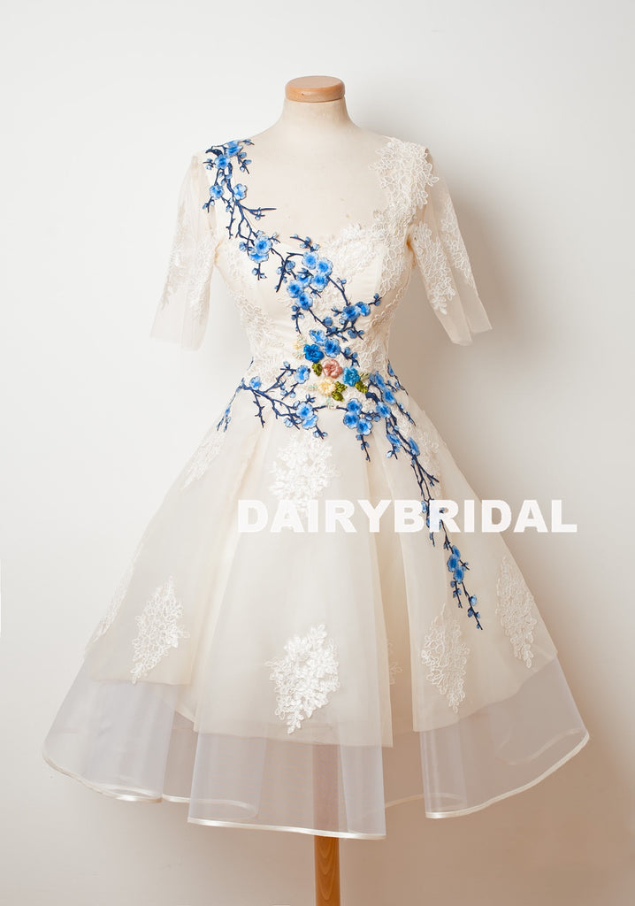 Organza A-Line Tulle Homecoming Dress, Short Sleeve Applique Homecoming Dress, D1317
