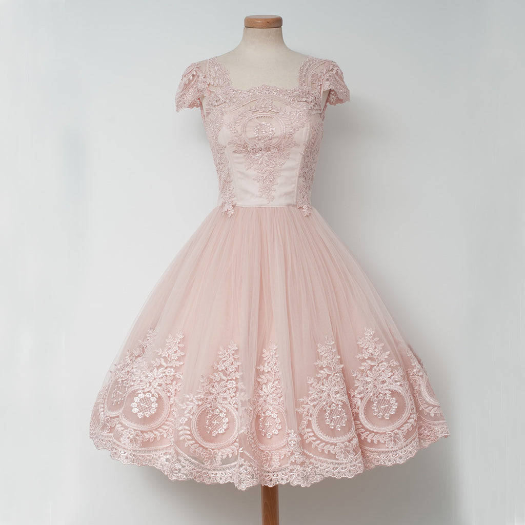 Cap Sleeve Pink Lace Homecoming Dress, Tulle A-Line Backless Homecoming Dress, D1318