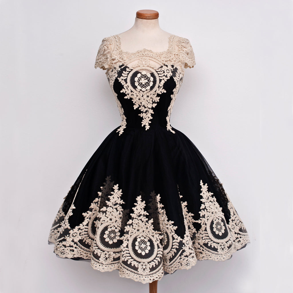 Black Lace Cheap Homecoming Dress, Cap Sleeve Tulle A-Line Homecoming Dress, D1321