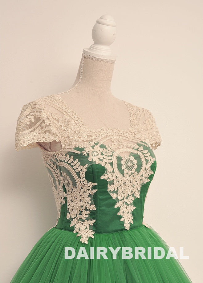 Green Lace Popular Homecoming Dress, Cap Sleeve Tulle A-Line Homecoming Dress, D1324