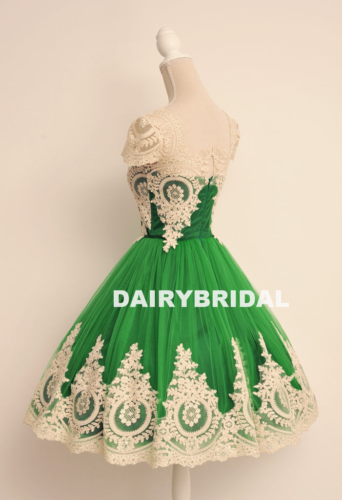 Green Lace Popular Homecoming Dress, Cap Sleeve Tulle A-Line Homecoming Dress, D1324