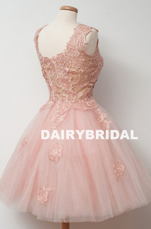 Popular Pink Tulle A-line Homecoming Dress, Applqiue Sleeveless Homecoming Dress, D1367