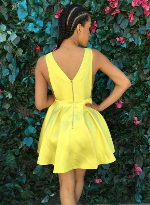 Short Sexy Yellow Homecoming Dress, Satin A-Line Knee-Length Homecoming Dress, D1390