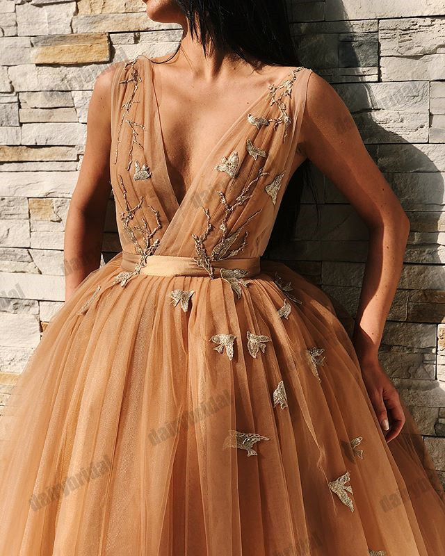 Tulle Spaghetti Straps Backless Homecoming Dress, A-Line Deep V-Neck Applique Homecoming Dress, D1429
