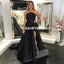 A-Line Black Satin Slit  Backless Simple Prom Dresses, FC1261