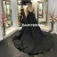 A-Line Black Satin Slit  Backless Simple Prom Dresses, FC1261