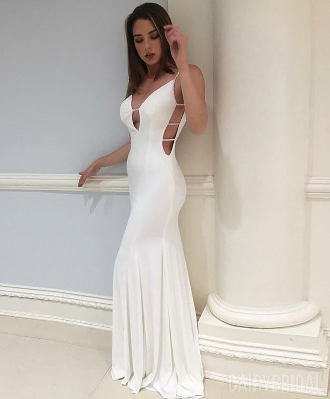 White Mermaid Jersey Sleeveless Sxey Backless Prom Dresses, FC1744