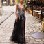 Black Deep V-Neck Tulle A-Line Lace Sleeveless Applique Prom Dresses, FC1799