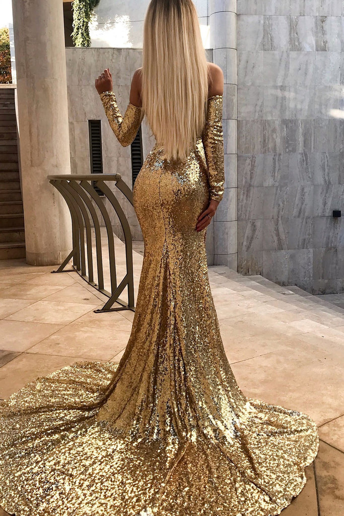 Sparkly Sequin Off Shoulder Sexy Slit Backless Mermaid Prom Dresses, FC1855