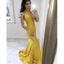 Yellow Satin Halter Backless Mermaid Sexy Deep V-neck Prom Dresses, FC1932