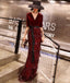 Burgundy Mermaid Beaded Half Sleeve Velvet V-neck Prom Dresses, FC2076