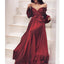 Off Shoulder Long Sleeve A-Line Silk Elastic Satin Burgundy Prom Dresses, FC2180