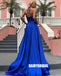 Royal Blue A-line Halter Sexy Slit V-neck Backless Prom Dresses, FC2372