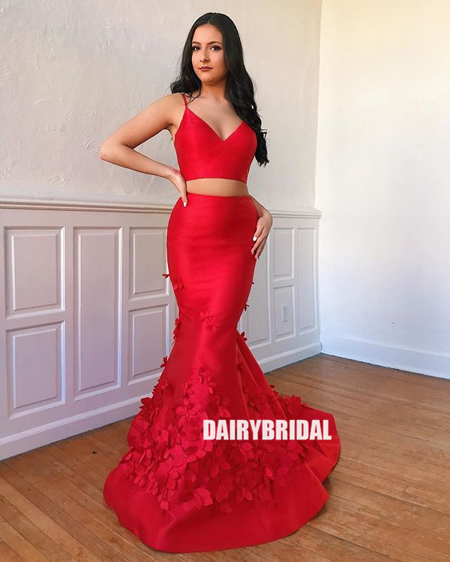Red Two Pieces Mermaid Satin Backless Applique Prom Dresses, FC2393