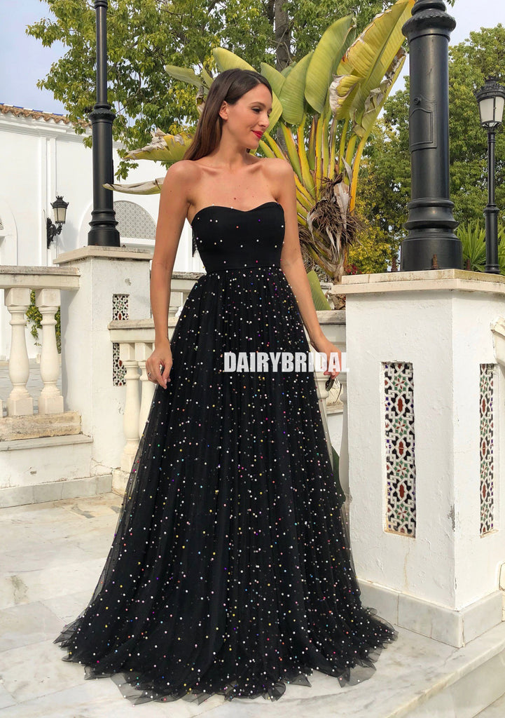 Sweetheart A-line Tulle Backless Black Long Beaded Prom Dresses, FC2425
