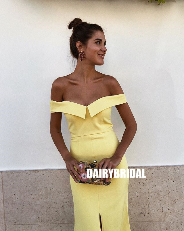 Off Shoulder Yellow Jersey Slit Backless Simple Prom Dresses, FC2432