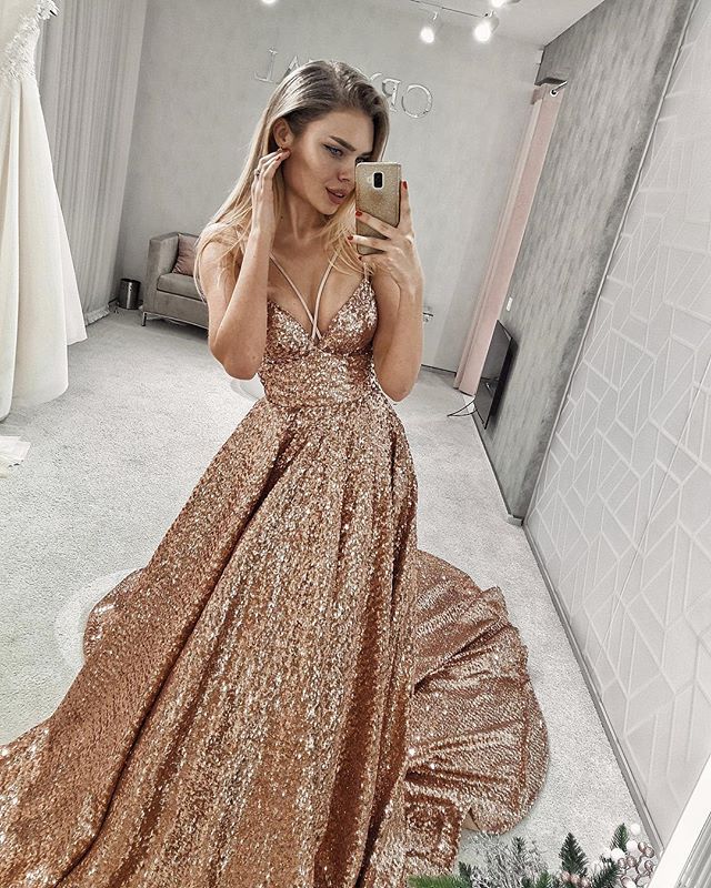 Sparkly Sequin A-line Backless Sexy Prom Dresses, FC2615