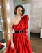 Red A-line Satin One Shoulder Half Sleeve Slit Prom Dresses, FC3762