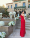 Red One Shoulder Mermaid Simple Jersey Slit Long Prom Dresses, FC3992