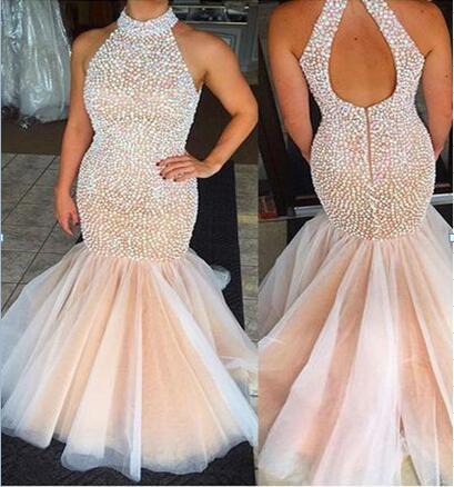 Tulle Mermaid Evening Prom Dress, Long Cheap Evening Prom Dress, Pearls Prom Dress, 2017 Prom Dress, Formal Prom Dress, 17020