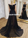 Black Off Shoulder Two Pieces Beaded A-Line Slit Chiffon Prom Dresses, D1062