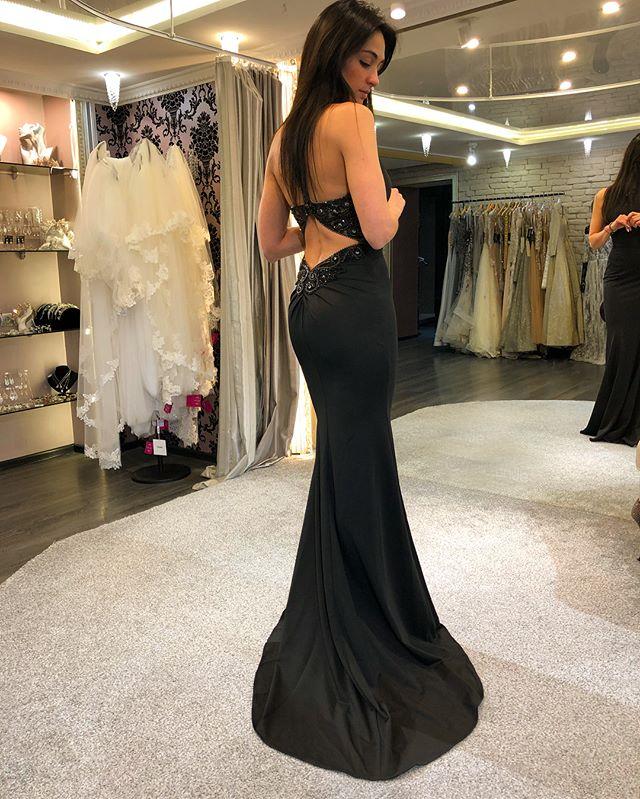 Black Mermaid Jersey Halter Backless Beaded Prom Dresses, FC1439
