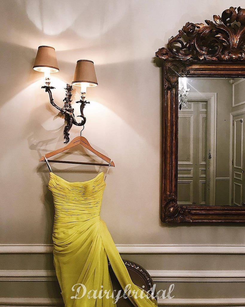 Chiffon Simple Designed Backless Tea-length Yellow Prom Dress, FC4448