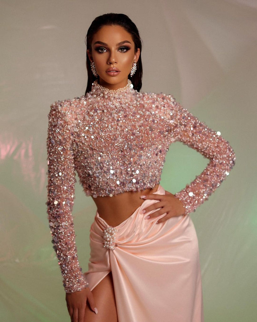 Stunning Two-Pieces Mermaid Long-Sleeves High Neck Prom Dresses, FC6541