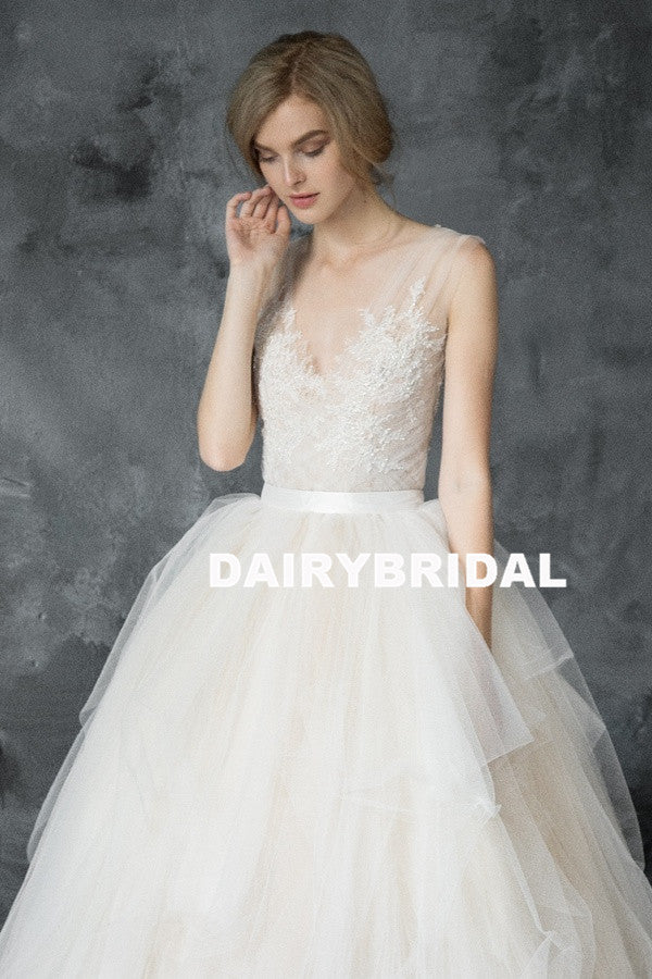 Long A-Line Tulle Wedding Dresses, Applique Honest Floor-length Wedding Dresses, D896