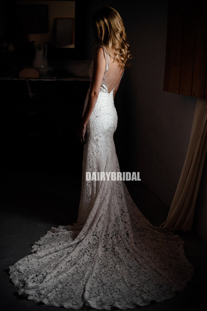 Lace V-neck Sleeveless Mermaid Backless Wedding Dresses with Tulle Detachable Skirt, FC2062