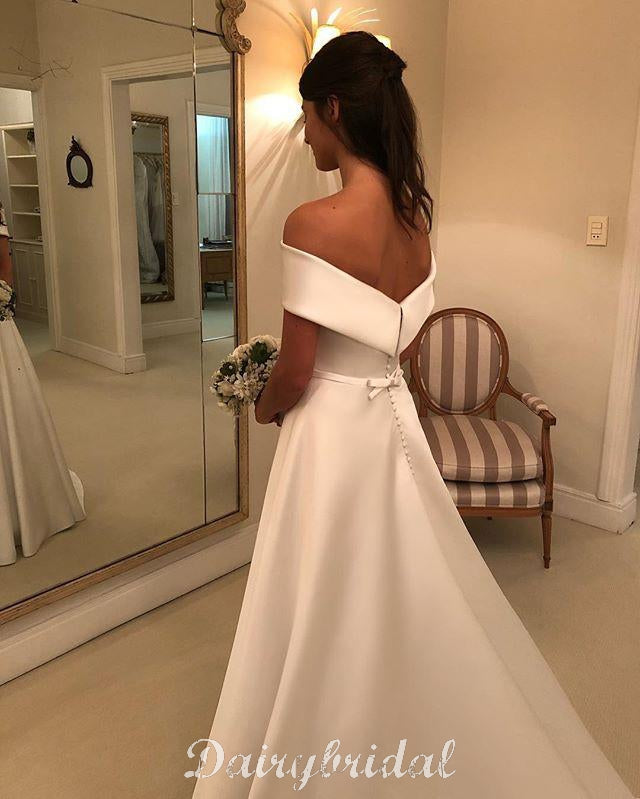 Charming Off Shoulder Satin Backless A-line Honest Wedding Dresses, FC2154