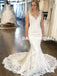 Long Mermaid V-Neck Wedding Dress, Lace Backless Satin Sleeveless Wedding Dress, D1053